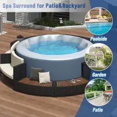 Circular Rattan Spa Surround Sofa Set with Cushions, Wooden Seats and Hidden Storage, 112 in Outdoor Patio Furniture for Hot Tub Area-Cuddlewood