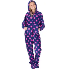 Footed Pajamas - Navy Pink Polka Kids Hoodie Chenille Onesie