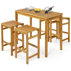 Costway 5 PCS Acacia Wood Bar Table Set 45" Rectangular Dining Table & 4 Saddle Stools