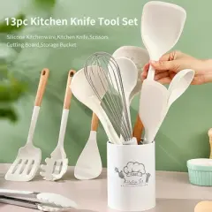SUGIFT 13-Piece Silicone Cooking Utensils Set &ndash; Heat Resistant Kitchen Tools with Wooden Handles & Storage Bucket
