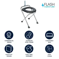 Flash Furniture Medical Grade Folding Travel Toilet with Cushioned Seat and Non-Slip Feet-SIL/BK