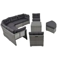 DSVIMOY Outdoor Furniture, Daybed, Rattan Sectional Furniture Set with Cushions and Center Table for Patio, Grey, 84.6"*84.6"*30.7"