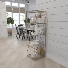 Merrick Lane 64" Modern Bookshelf Glass 4-Shelf Bookcase with Powder Coated Matte Gold Cross Braced Frame