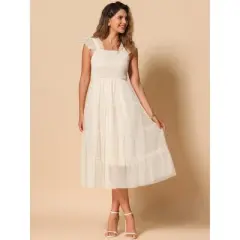 INSPIRE CHIC Women's Summer Midi Sleeveless Smocked Square Neck Tiered Ruffled Wedding Guest Dress