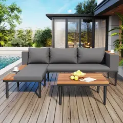 Outdoor Patio Conversation Sectional Sofa Set with Cushions and Coffee Table, Modular Wood Furniture for Deck, Backyard, or Porch - The Pop Home