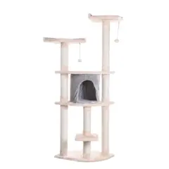 Armarkat 64" Real Wood Cat Tree With Scractch Sisal Post, Soft-side Playhouse,  A6401, Almond