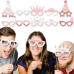 Big Dot of Happiness Pink Rose Gold Birthday Glasses - Paper Card Stock Happy Birthday Party Photo Booth Props Kit - 10 Count