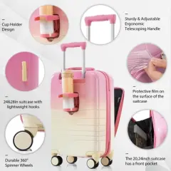 Gulches Luggage Set of 4  with front opening design Airline Certified Carry on Luggage with Cup Holder, ABS+PC Hard Shell Luggage (20"+24") , Pink