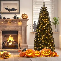 Tangkula Pre-lit Tree Hinged Artificial Pencil Tree w/ PVC Branch Tips & Warm White Lights