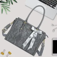 Laptop Bag PU Leather Tote Bag Compatible Computer Bags with Silk Scarf&Clutch Purse, Gray