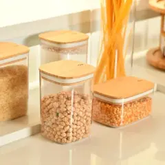 OU Airtight Food Storage Container Set 8pc (set of 4) Clear Plastic Storage Container w Leak Proof Bamboo Lid, Stackable Kitchen Pantry Organizer Jars