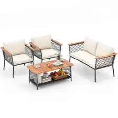 Costway 4 PCS Patio Furniture Set with 2-Tier Coffee Table Acacia Wood Armrests Tabletop