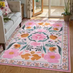 Lahome Washable 5x7 Area Rugs for Bedroom, Floral Living Room Nursery Beige Rugs with Low Pile