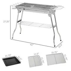 WELLFOR Stainless Steel Portable Charcoal Grill with Rack and Shelves 781093906638 Silver