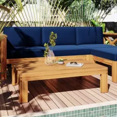FIONECA 5-Piece Outdoor Wooden Sectional Sofa Set with Cushions &uml;C Natural Finish Frame & Blue Cushions, Patio/Backyard Seating Group