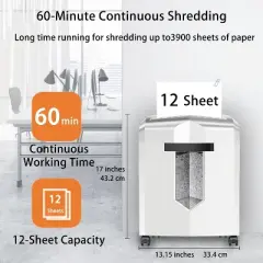 Bonsaii 12-Sheet Micro Cut Shredder, P-4 Security, 60 Min Run Time, Shreds CD, Credit Cards, Mail, Staples, Jam-Proof, 4.2 Gal Bin, White/Gray