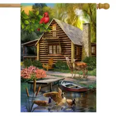 Lakeside Cabin Summer House Flag Camping Deer 28" x 40" Briarwood Lane