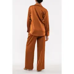 August Sky Women's Satin Button Down Top and Wide Leg Pant Set