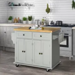HOMCOM Kitchen Island on Wheels, Rolling Cart with Rubber Wood Top, Spice Rack, Towel Rack & Drawers for Dining Room, Gray
