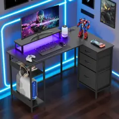 GALAXHERO 47-Inch L-Shaped Gaming Desk, Corner Computer Desk with Storage, Power Outlets & LED Lights, Office/Gaming Desk for Bedroom
