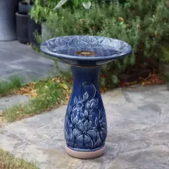 LuxenHome 22" Elegant Tall Ceramic Bird Bath for Outside with Floral Pattern, Deep Blue