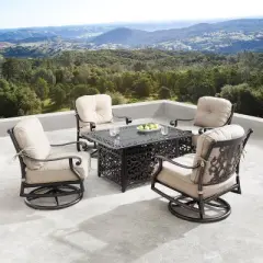 5pc Set with 48" Rectangle Outdoor Aluminum Fire Table & Four Swivel Rocking Chairs & Wind Blocker - Oakland Living