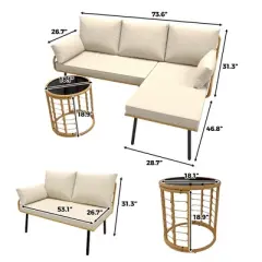 3-Piece Outdoor Sectional Sofa Set, L-Shaped Waterproof Wicker Furniture with Cushions & Glass Side Table for Porch, Pool or Backyard