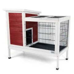 DOMETOUR Two-Tier Wooden Indoor/Outdoor Rabbit Cage for Small Animals with Runway and Leak-Proof Plastic Tray,Red