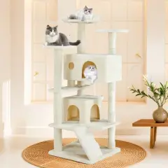 FURNIinspire Pet Tower Multi-Functional Cat Tree House Detachable Cat Climbing Frame, Pet Furniture Cat Accessories, Beige, 19.7"*19.7"*46"