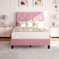 Twin/Full/Queen/King Size Bed Frame with Upholstered Headboard, Wood Slat Platform, No Box Spring Needed, Noise-Free, Easy Assembly, Pink