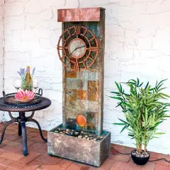 Sunnydaze 49"H Electric Natural Slate Indoor/Outdoor Water Fountain with Clock and LED Light