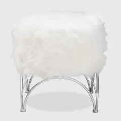 Celia Faux Fur Upholstered Silver Metal Ottoman White/Silver - Baxton Studio