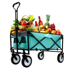 NAYSAYE Wagon Collapsible Utility Cart with Strapping System and Plastic Liner Set for Outdoors, Green, 35.04"*21.65"*38.98"