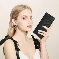 FATMOON Floral Carved Ladies Long Wallet,with 11 Credit Card Slots and 1 Clear Windows,Bifold Leather RFID Blocking Designer Credit Card Holder