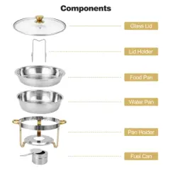 Chafing Dishes, 5QT Buffet Servers, Round Catering Food Warmers Stainless Steel Chafing Dish Buffet Set with Glass Lid & Lid Holder, 4 Packs, Gold