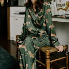 Anna-Kaci Lounge Women's Long Sleeve Button Front Pajama Set with Tiger Print and Satin Finish