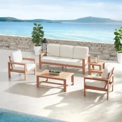 Wood Frame 4Piece Outdoor Sofa Set 3Seater Lounge + Accent Chairs & Ribbed Table