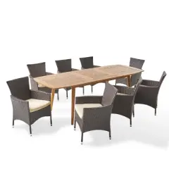 Christopher Knight Home Algoma Outdoor Acacia Wood and Wicker 9 Piece Dining Set with Cushion