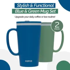 Copco Cone Travel Coffee Mug, 16 oz (Set of 2) - Insulated Drinkware with Spill-Proof Lid, Microwave & Dishwasher Safe - BPA-Free (Blue/Green)