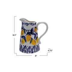 Storied Home 1.5-Quart Hand-Painted Stoneware Pitcher with Lemons, White, Blue and Yellow