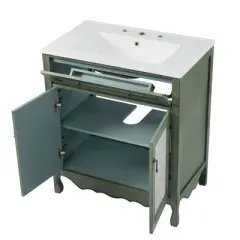 TUYOHW Bathroom Vanity with Rectangle Ceramic Sink, Bathroom Vanity Cabinet with Flip-Out Drawer, Equipped with Antique Handles and Rubber Wood Legs