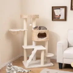 Tangkula Modern Cat Tower w/ Cattail Fluff Condo & Top Perch Sisal Scratching Posts