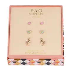 FAO Schwarz Gold Tone Unicorn and Heart Trio Earring Set
