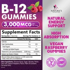 Vitamin B12 Gummies 3000mcg, Extra Strength B-12 Energy - Raspberry flavor - 60 Gummies;120 Gummies