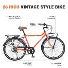 Aukfa Vintage Style 7-Speed Bike with Front and Rear Rack, Steel Frame, 26x1.5 Tires, Retro Commute Touring Bike for Women and Men