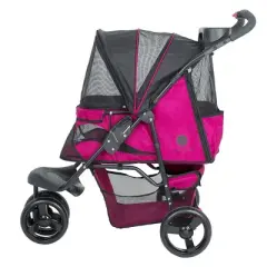 PETIQUE Durable Folding 3-Wheel Pet Stroller for Dogs & Cats with Mesh Sides, Storage Pockets, Cupholders, and Washable Pad Razzberry