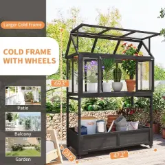 TiramisuBest Garden Wood Portable Cold Frame with Movable Wheels Mini Greenhouse with Openable Roof and Storage Box