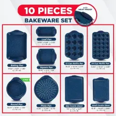 BAKKEN Kitchen Baking Pan Set - Nonstick Coating, Carbon Steel Bakeware Sets with Blue Silicone Handles, Oven Safe Tray (Up To 450&deg; F), Set of 10