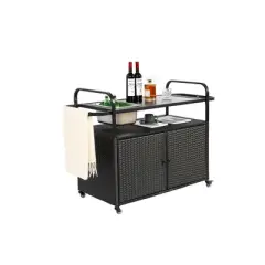 Outdoor Bar Table, Wicker Bar Cart with Cabinet, Patio Serving Cart with steel Top, with a ice bucket, Lockable Wheels, Side Basket