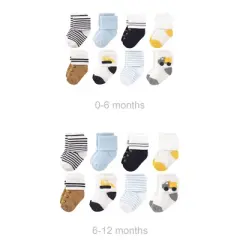 Luvable Friends Infant Boy Grow with Me Cotton Terry Socks, Yellow Bulldozer, 0-6 and 6-12 Months